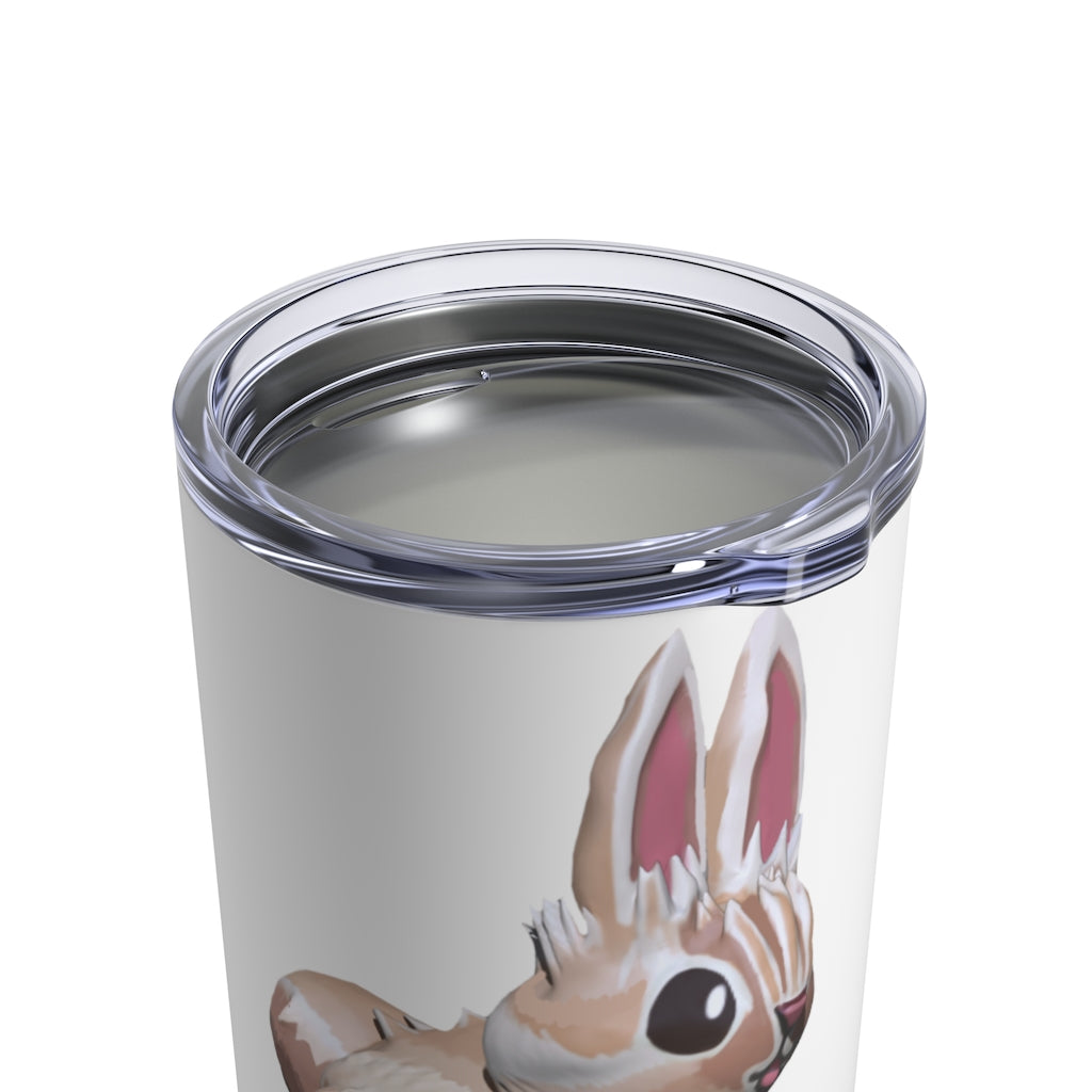 Bunny Tumbler 10oz in stainless steel with a see-thru plastic lid, showcasing its sleek design and rounded corners.