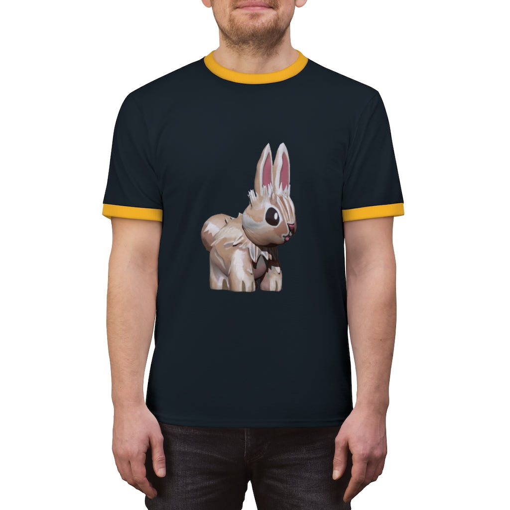 Bunny Unisex Ringer Tee in various colors, showcasing its lightweight fabric and classic design.