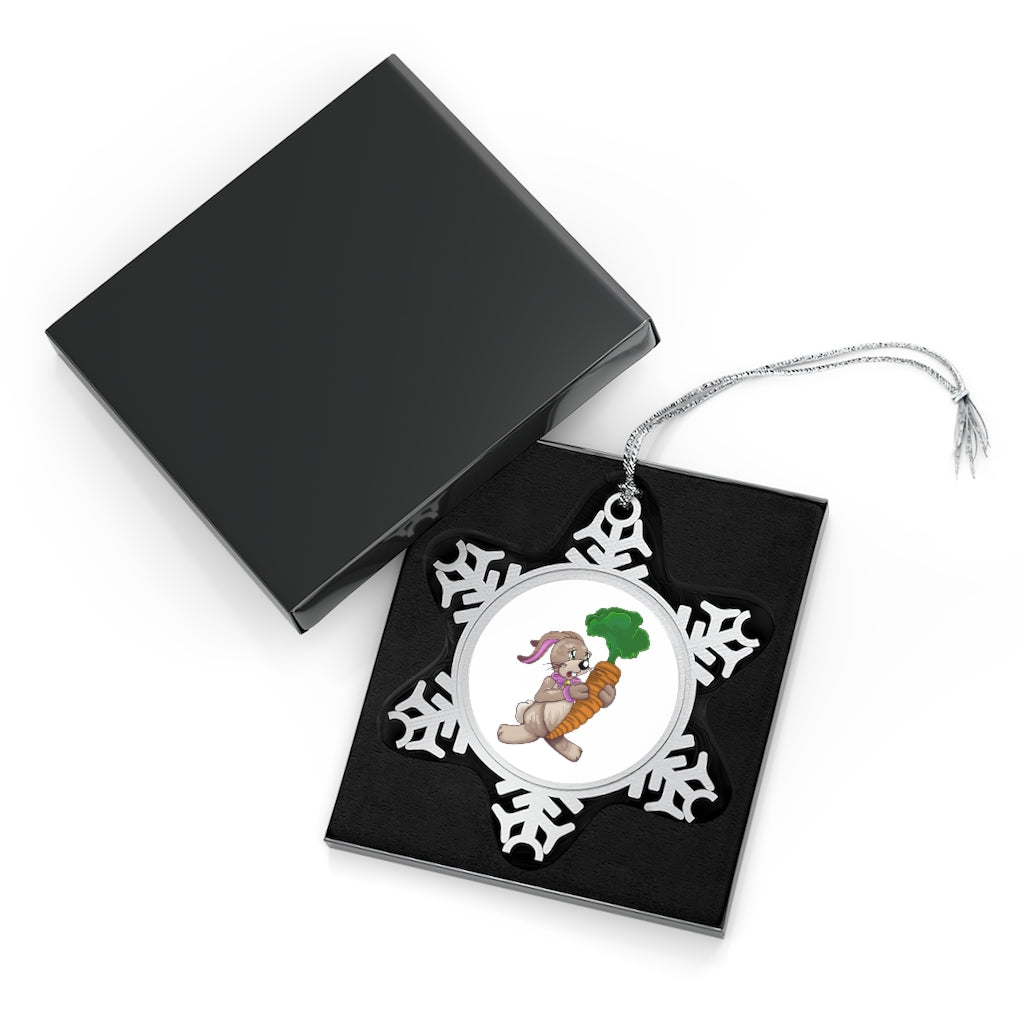 Bunny with a carrot pewter snowflake ornament, showcasing intricate details and a silver-toned hanging string.