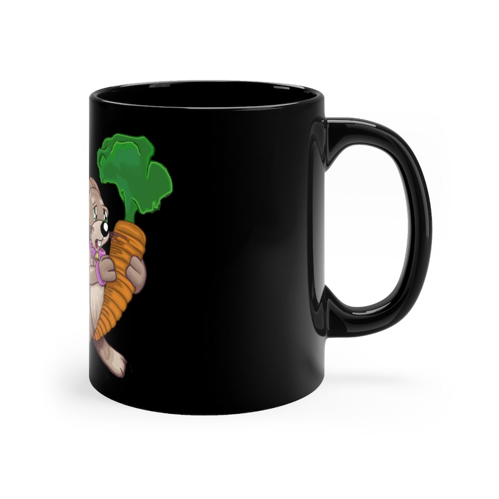 A black ceramic mug featuring a cute bunny holding a carrot, perfect for coffee or tea.