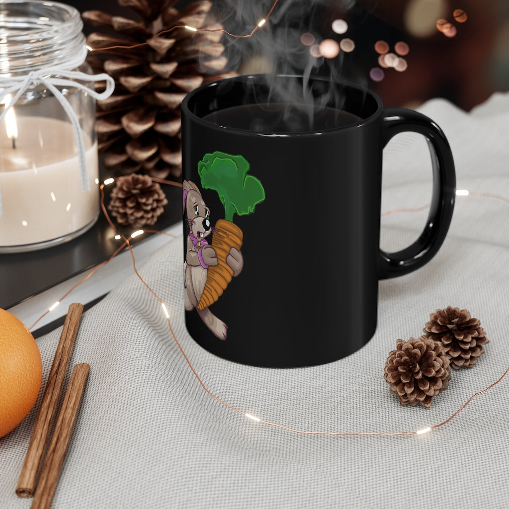 A black ceramic mug featuring a cute bunny holding a carrot, perfect for coffee or tea.