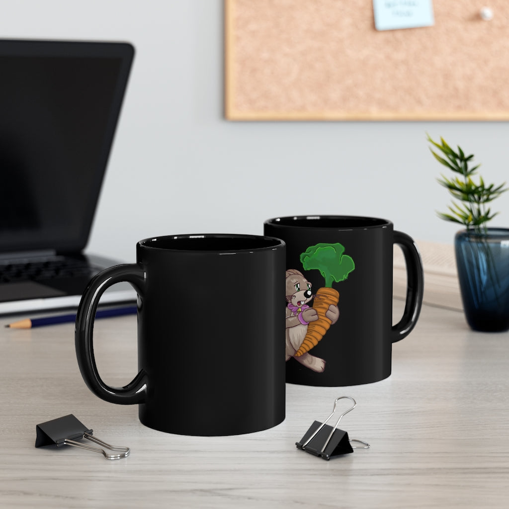 A black ceramic mug featuring a cute bunny holding a carrot, perfect for coffee or tea.