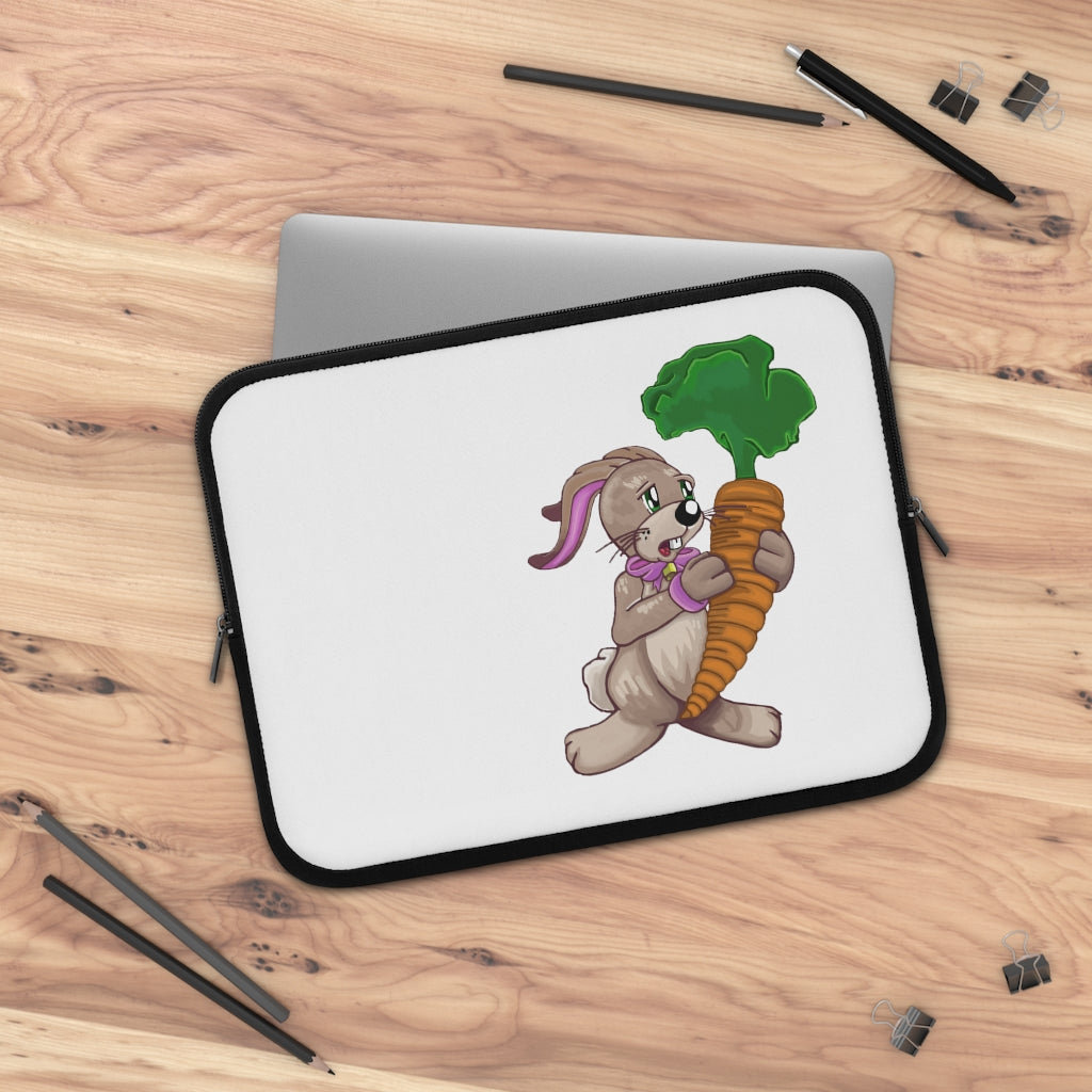 Bunny with Carrot Laptop Sleeve featuring a playful design with a black polyester back and dual zipper enclosures.