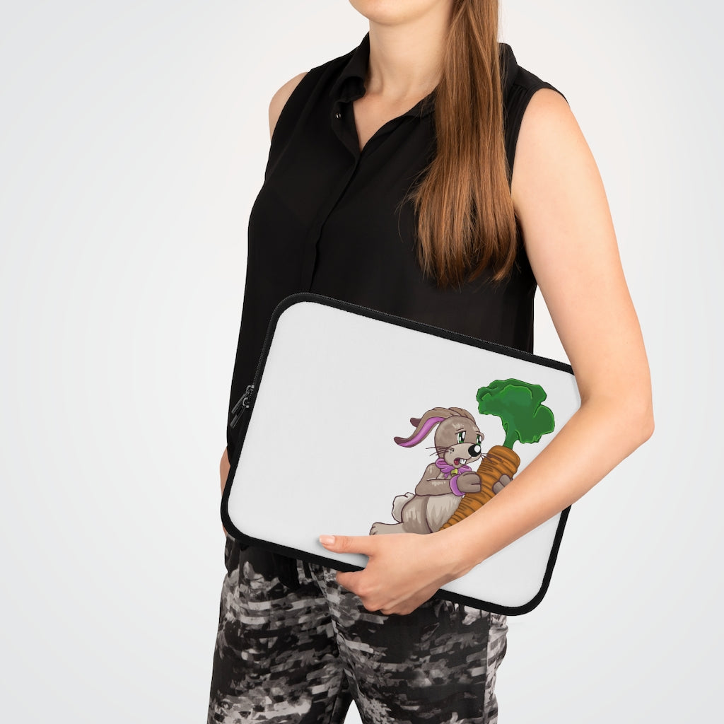 Bunny with Carrot Laptop Sleeve featuring a playful design with a black polyester back and dual zipper enclosures.