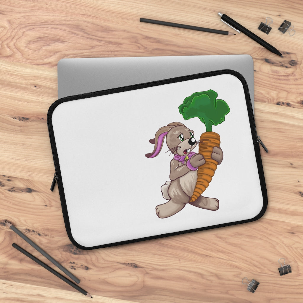 Bunny with Carrot Laptop Sleeve featuring a playful design with a black polyester back and dual zipper enclosures.