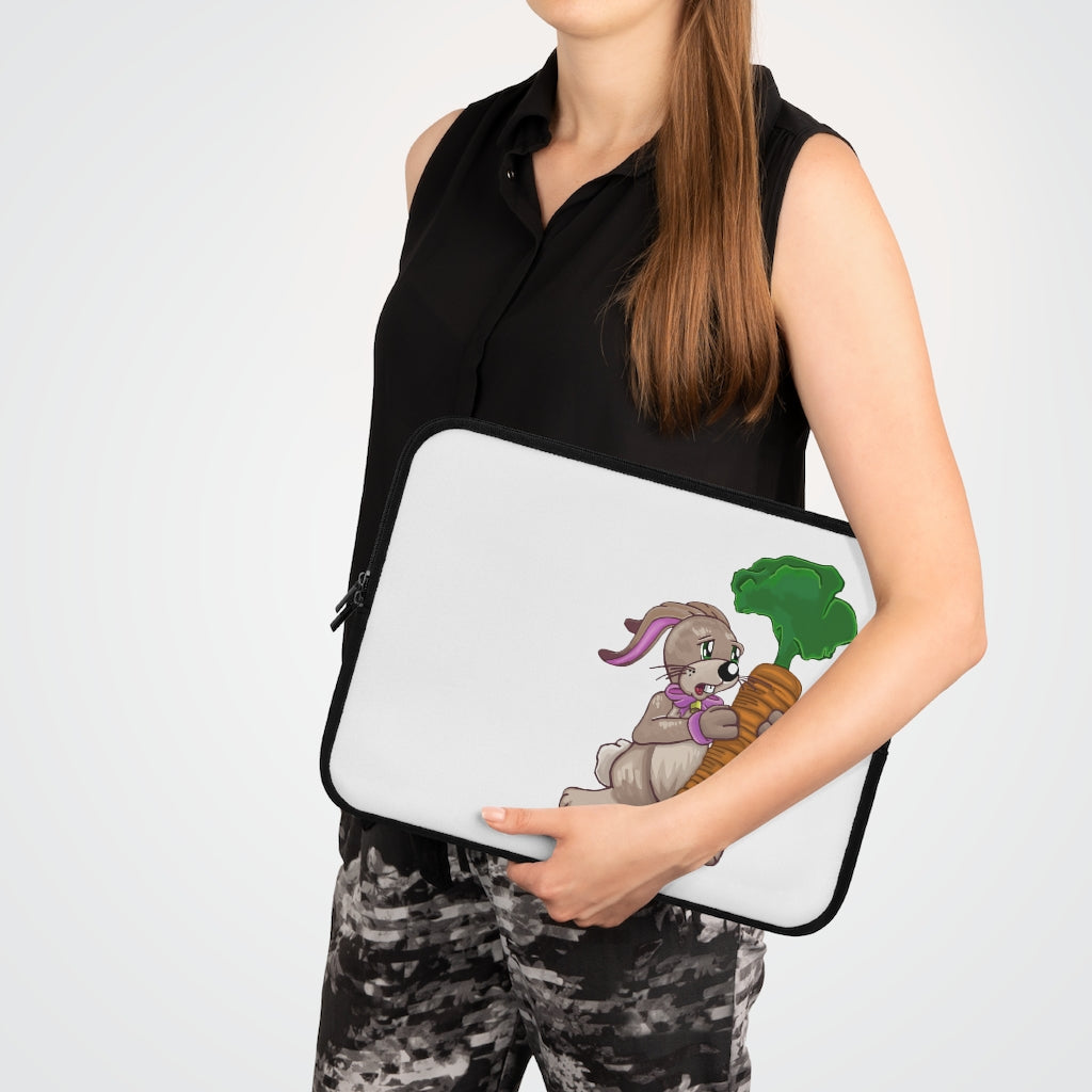 Bunny with Carrot Laptop Sleeve featuring a playful design with a black polyester back and dual zipper enclosures.