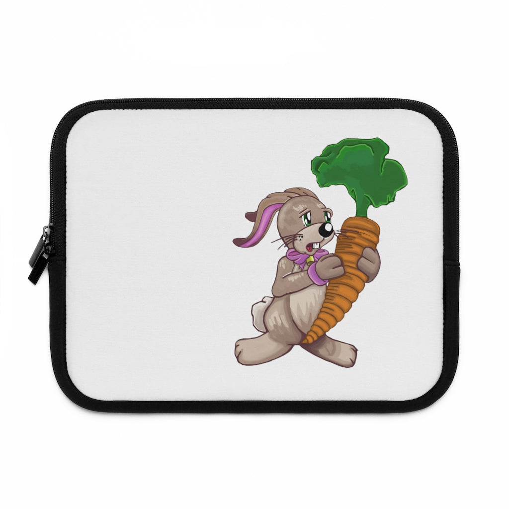 Bunny with Carrot Laptop Sleeve featuring a playful design with a black polyester back and dual zipper enclosures.