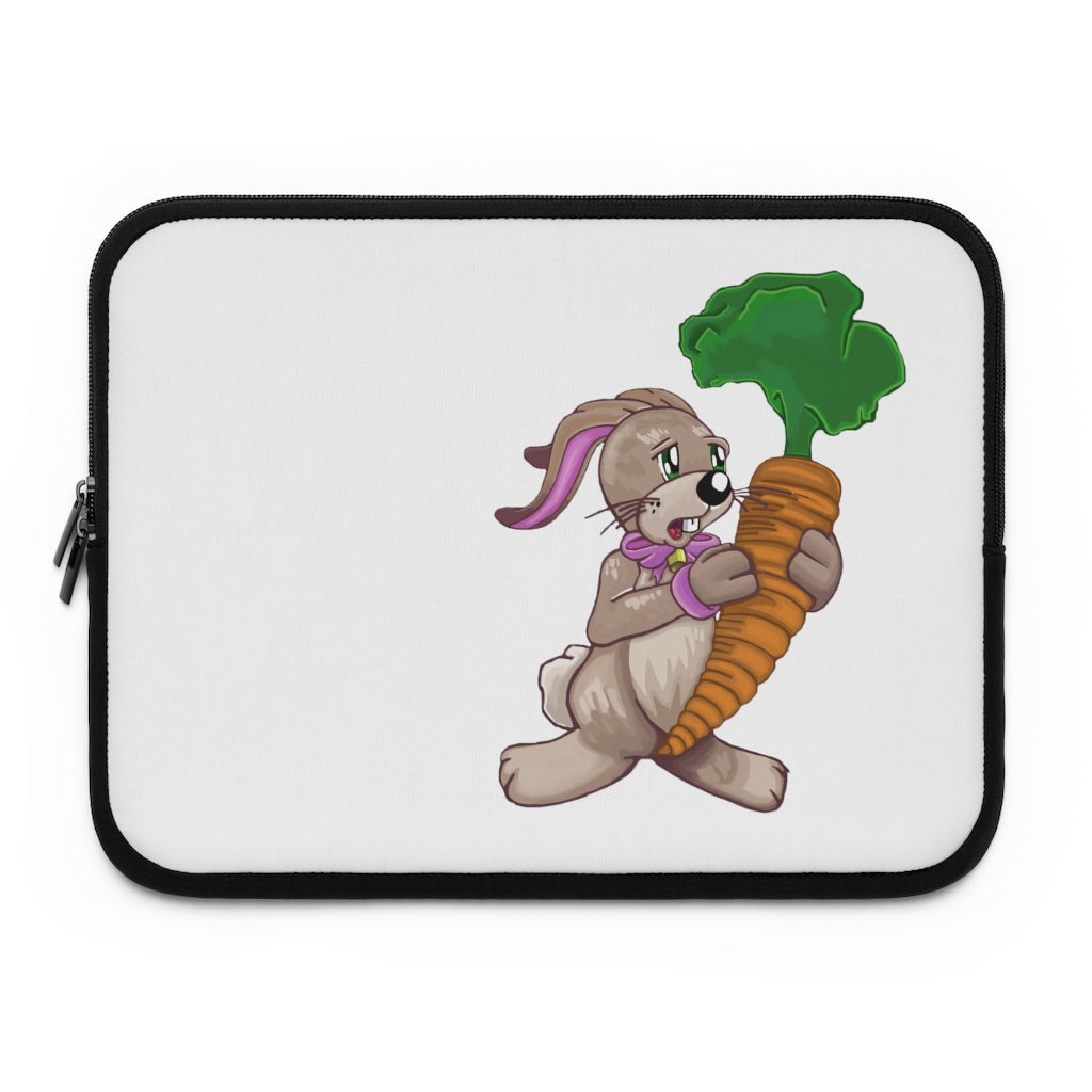 Bunny with Carrot Laptop Sleeve featuring a playful design with a black polyester back and dual zipper enclosures.