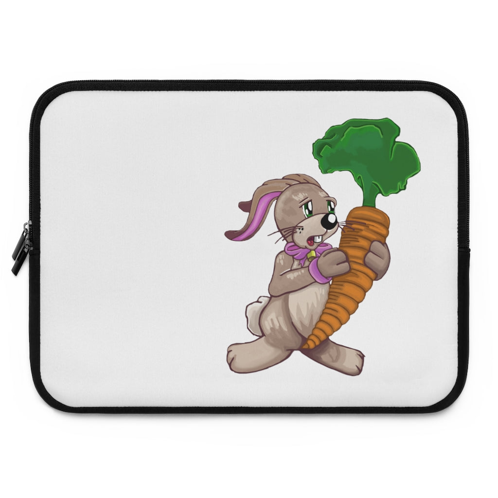 Bunny with Carrot Laptop Sleeve featuring a playful design with a black polyester back and dual zipper enclosures.