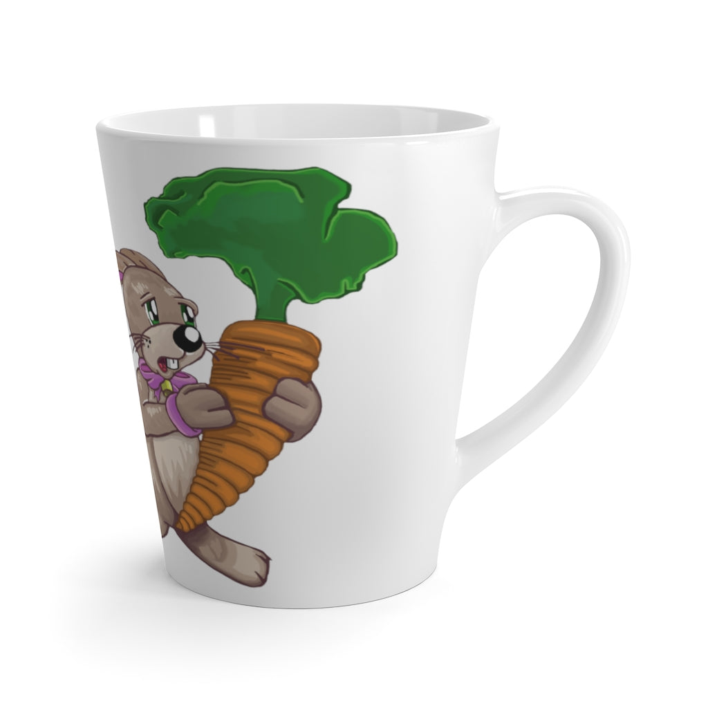 A white ceramic latte mug featuring a cute bunny holding a carrot, perfect for coffee lovers.