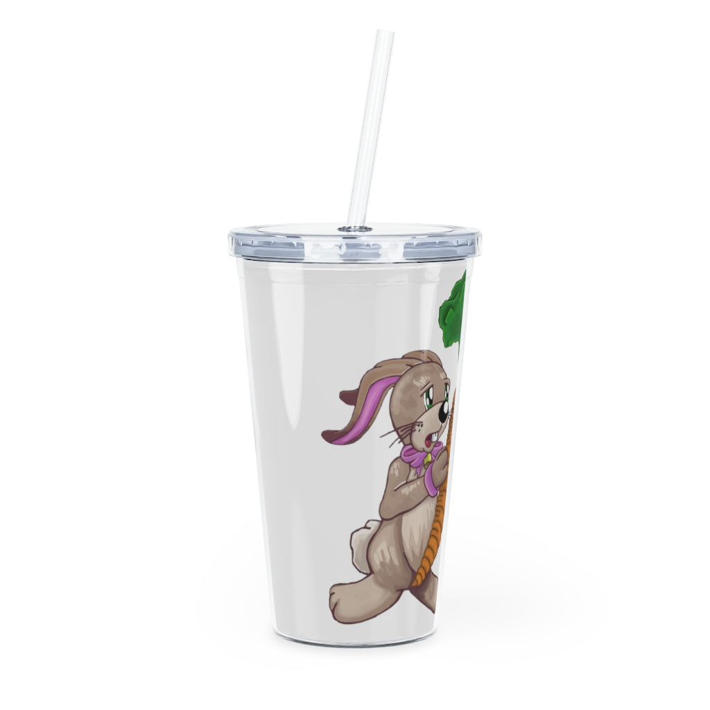 A colorful Bunny with Carrot Plastic Tumbler featuring a straw, perfect for drinks at parties or gatherings.