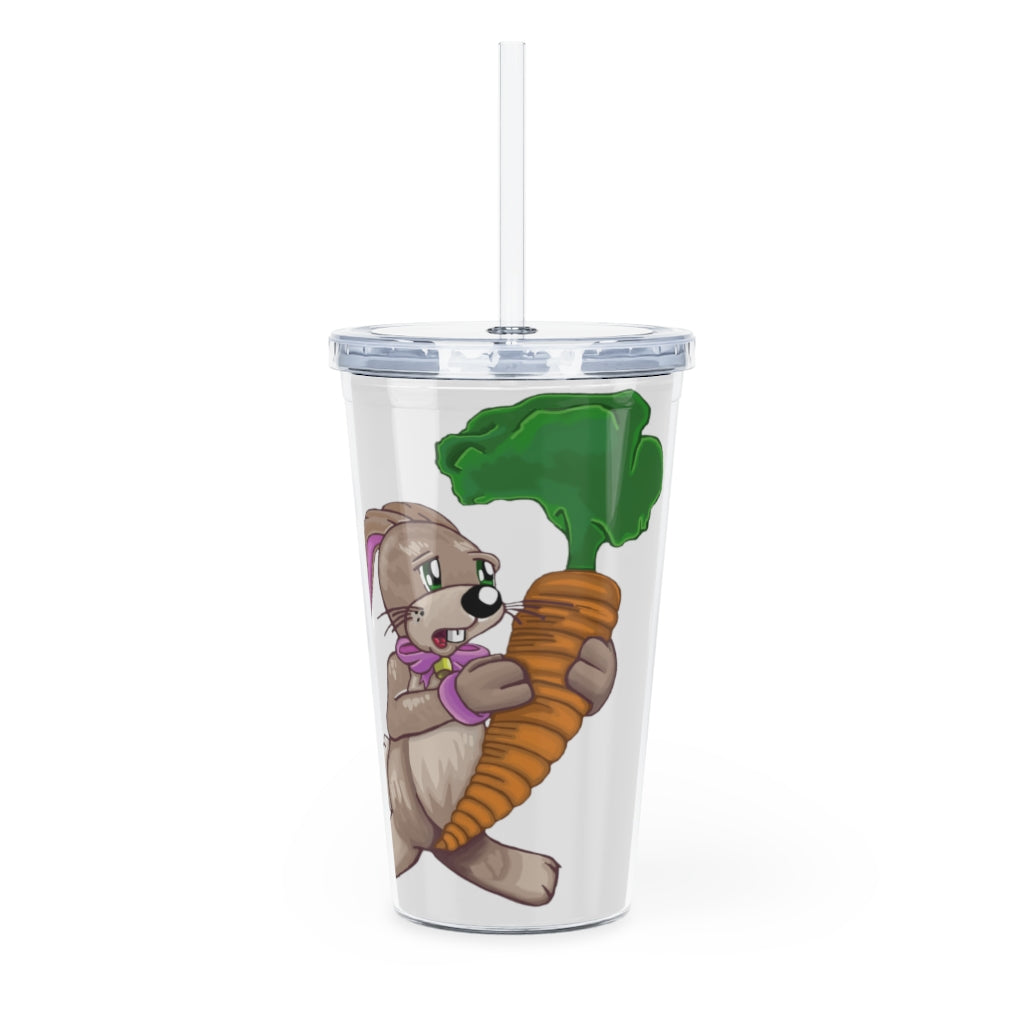 A colorful Bunny with Carrot Plastic Tumbler featuring a straw, perfect for drinks at parties or gatherings.