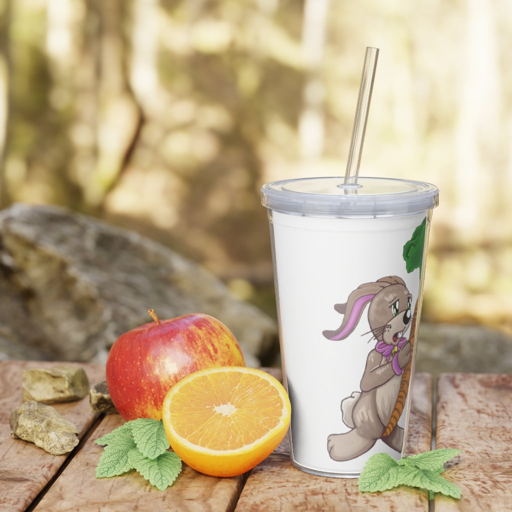 A colorful Bunny with Carrot Plastic Tumbler featuring a straw, perfect for drinks at parties or gatherings.