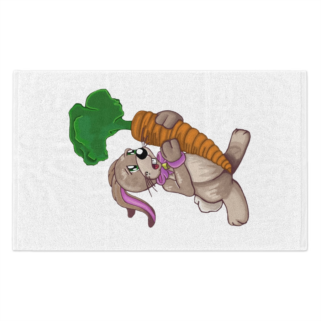 Bunny with Carrot Rally Towel, featuring a cute bunny design on a soft polyester front and absorbent cotton backing.