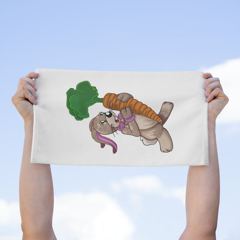 Bunny with Carrot Rally Towel, featuring a cute bunny design on a soft polyester front and absorbent cotton backing.