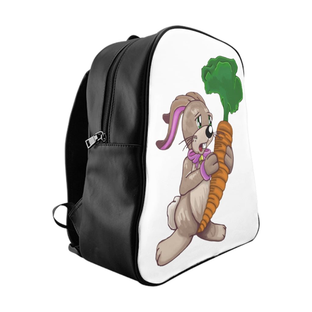 Bunny with Carrot School Backpack featuring a cute bunny design and vibrant carrot print, made from durable PU leather with padded back.