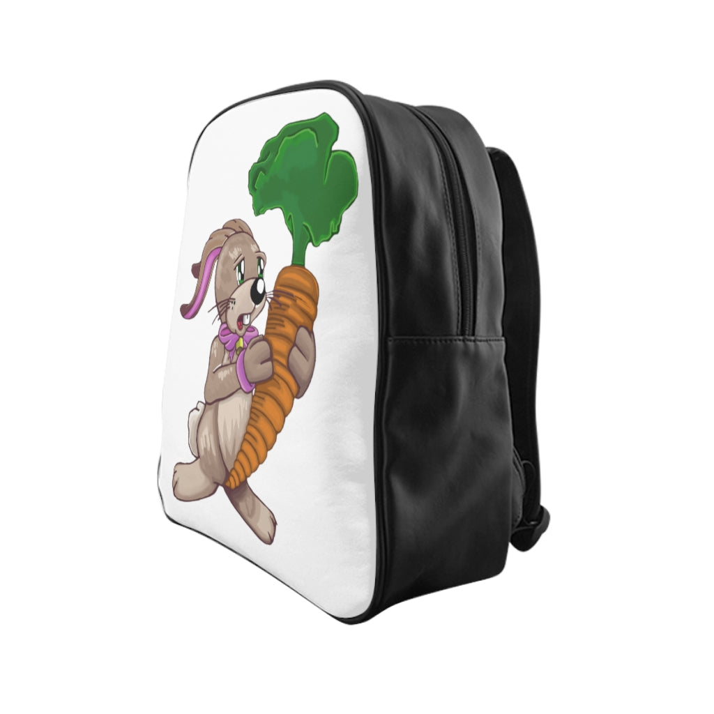 Bunny with Carrot School Backpack featuring a cute bunny design and vibrant carrot print, made from durable PU leather with padded back.