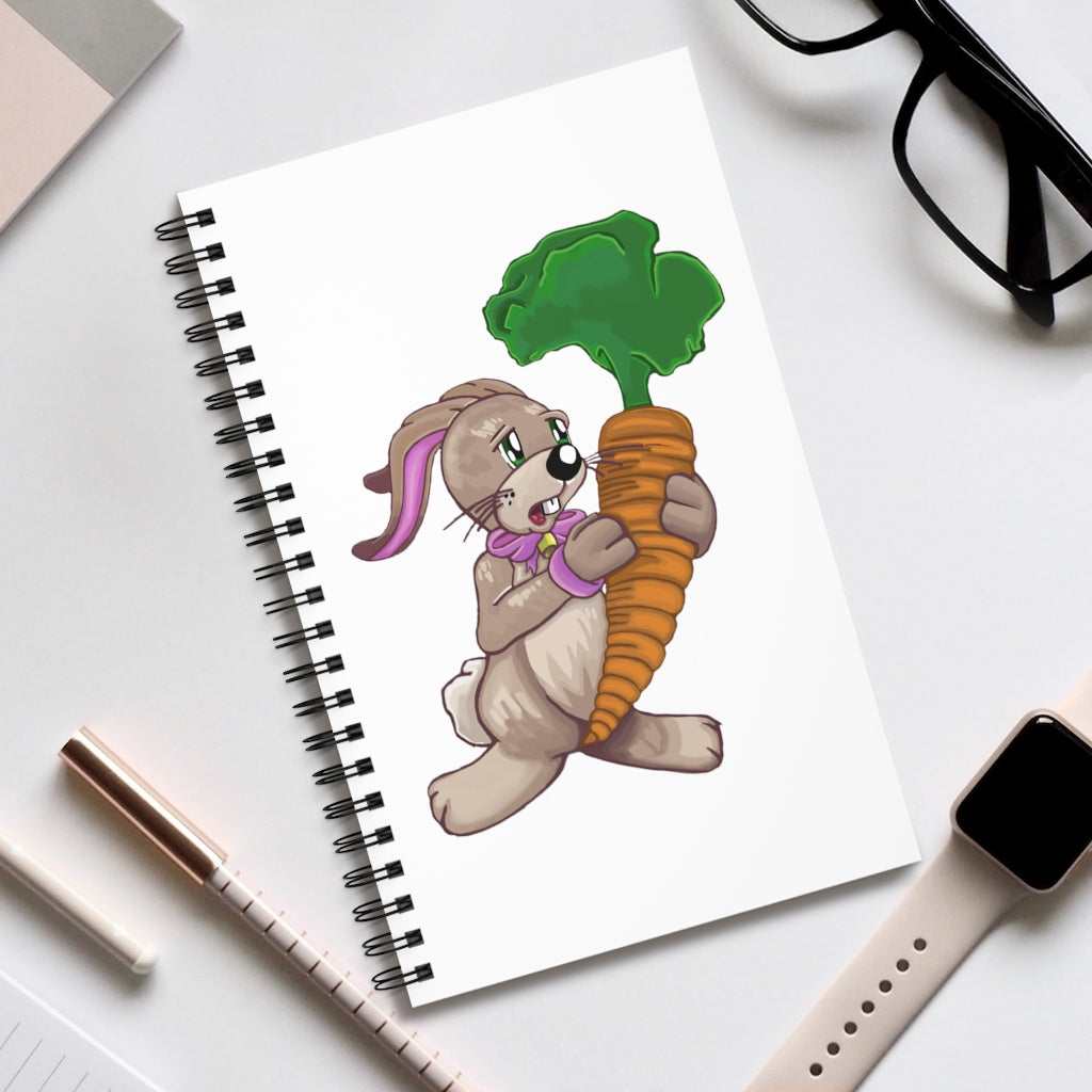 Bunny with Carrot Spiral Journal featuring a colorful cover design with a cute bunny and carrot illustrations, showcasing its spiral binding.