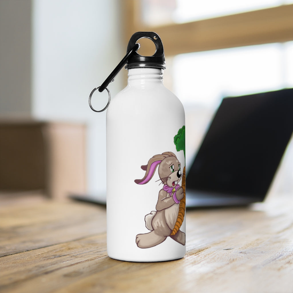 A stylish stainless steel water bottle featuring a cute bunny with a carrot design, perfect for hydration on the go.