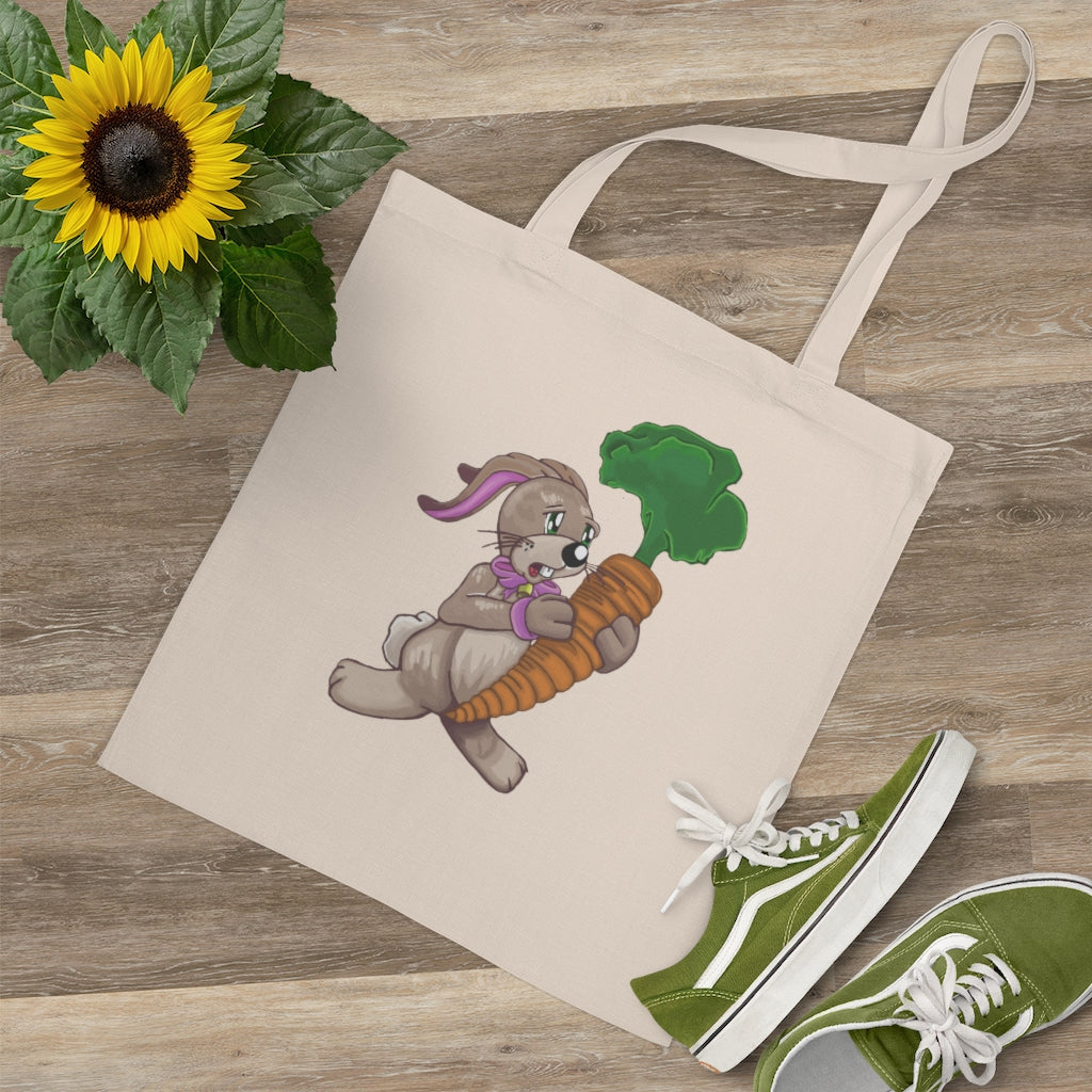 A colorful Bunny with Carrot Tote Bag made of 100% cotton, featuring cross-stitched handles for added durability.