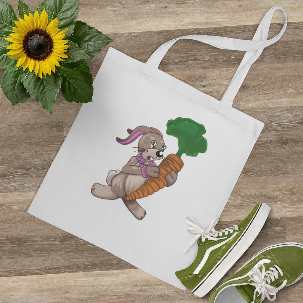 A colorful Bunny with Carrot Tote Bag made of 100% cotton, featuring cross-stitched handles for added durability.