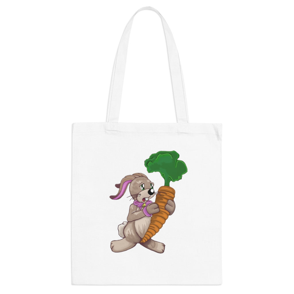 A colorful Bunny with Carrot Tote Bag made of 100% cotton, featuring cross-stitched handles for added durability.