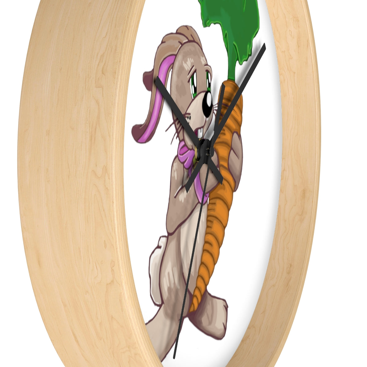 A whimsical wall clock featuring a bunny holding a carrot, set in a wooden frame with a clear plexiglass face.