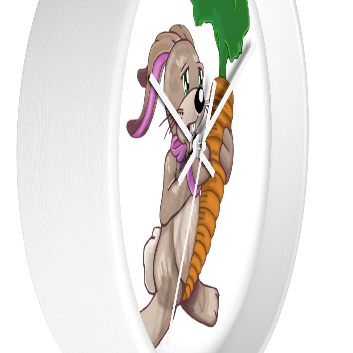 A whimsical wall clock featuring a bunny holding a carrot, set in a wooden frame with a clear plexiglass face.