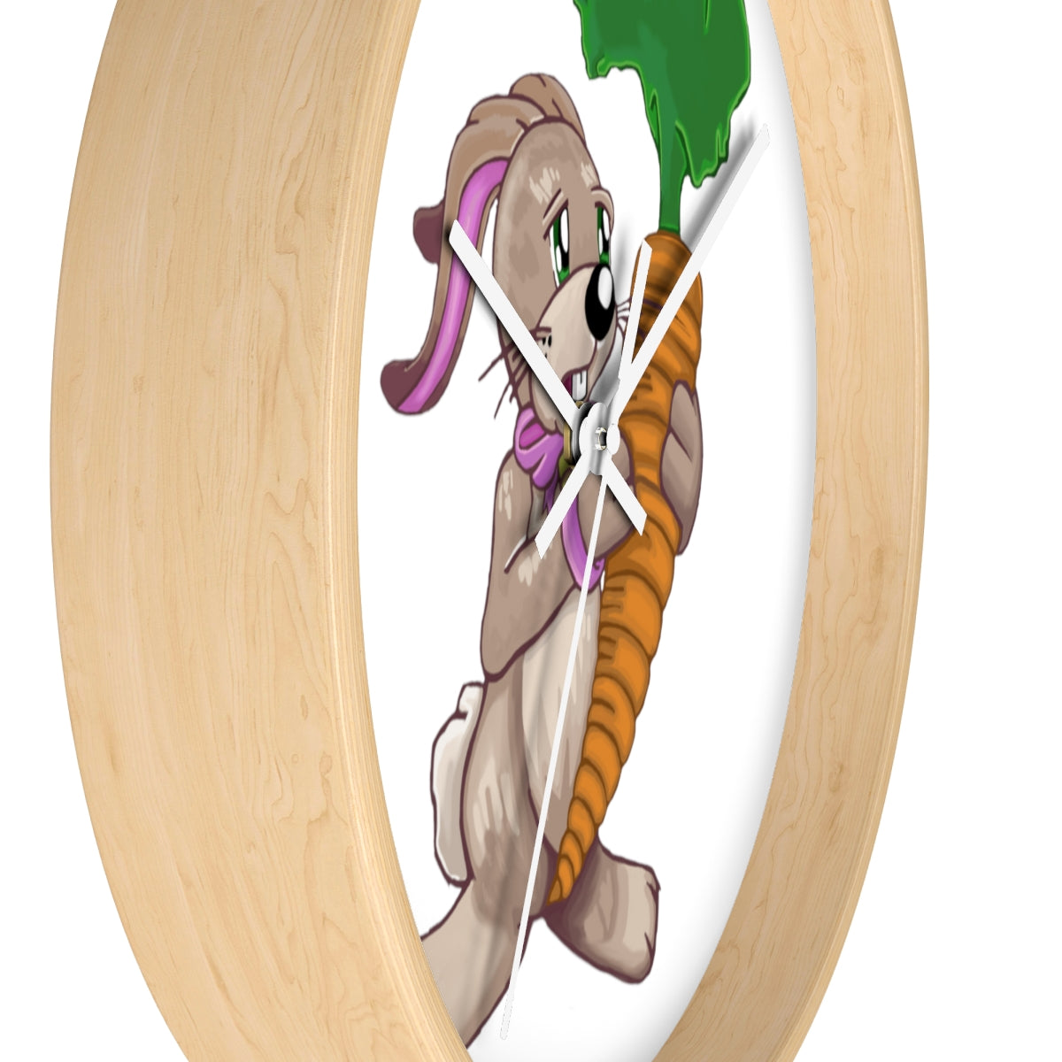 A whimsical wall clock featuring a bunny holding a carrot, set in a wooden frame with a clear plexiglass face.