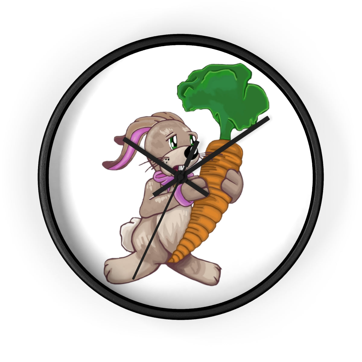 A whimsical wall clock featuring a bunny holding a carrot, set in a wooden frame with a clear plexiglass face.