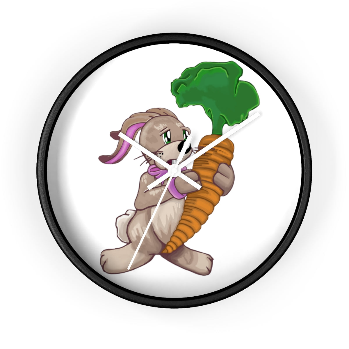 A whimsical wall clock featuring a bunny holding a carrot, set in a wooden frame with a clear plexiglass face.