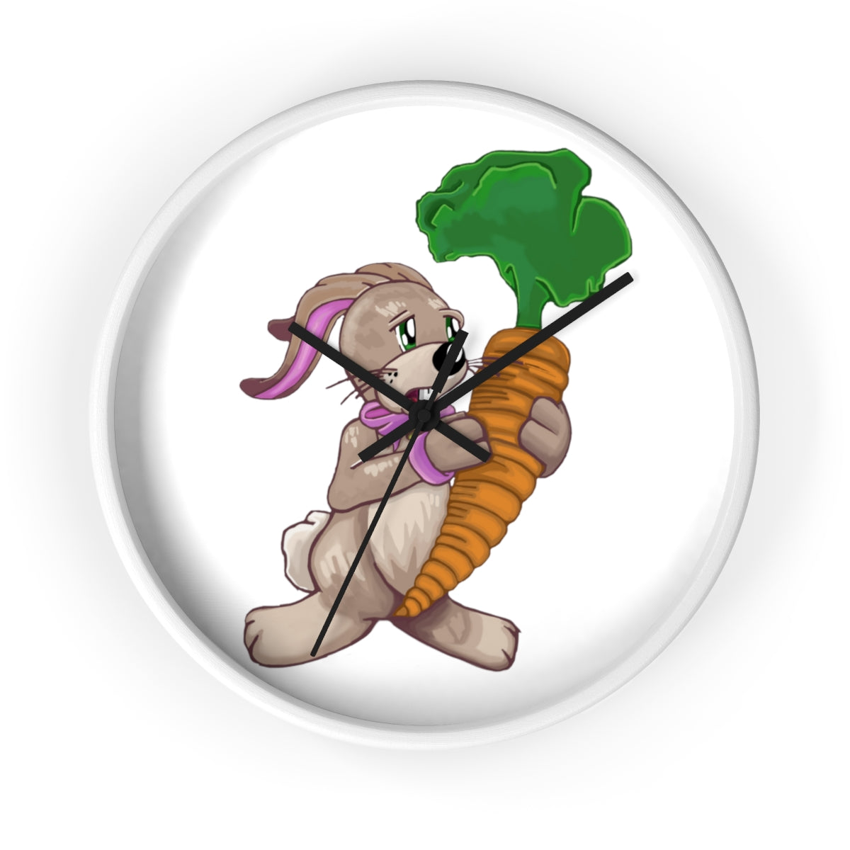 A whimsical wall clock featuring a bunny holding a carrot, set in a wooden frame with a clear plexiglass face.