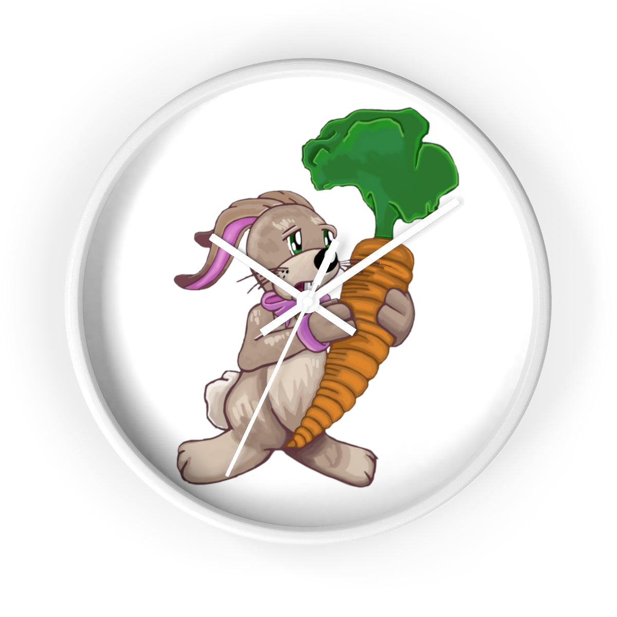 A whimsical wall clock featuring a bunny holding a carrot, set in a wooden frame with a clear plexiglass face.