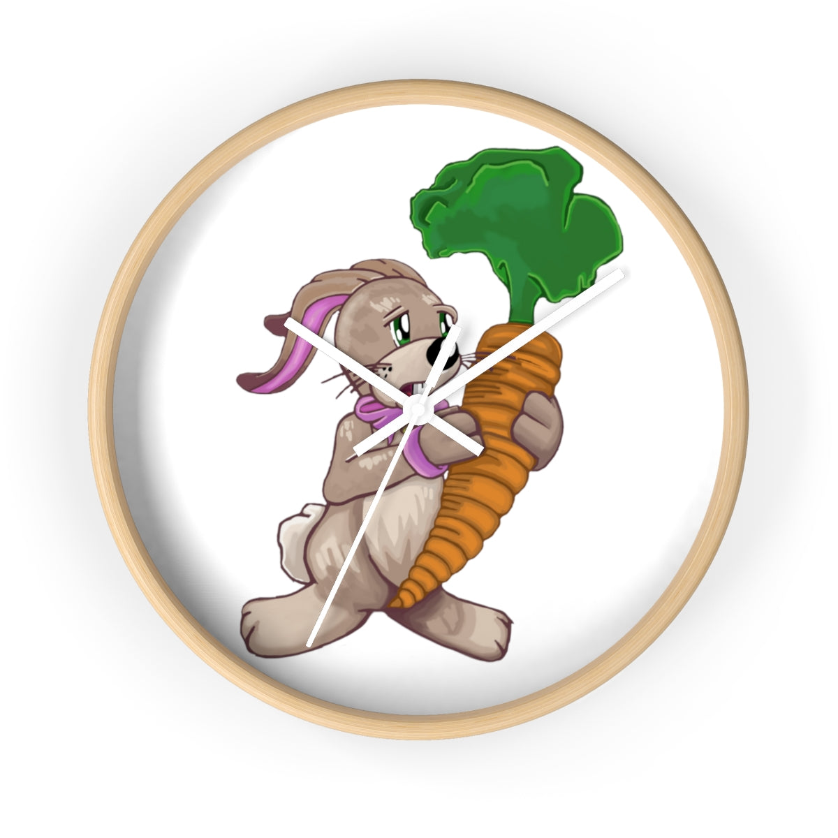 A whimsical wall clock featuring a bunny holding a carrot, set in a wooden frame with a clear plexiglass face.