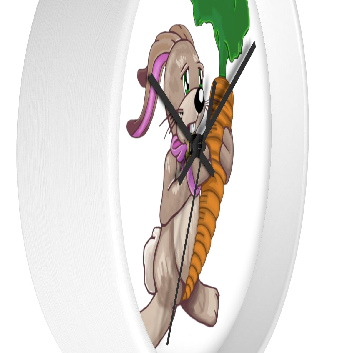 A whimsical wall clock featuring a bunny holding a carrot, set in a wooden frame with a clear plexiglass face.