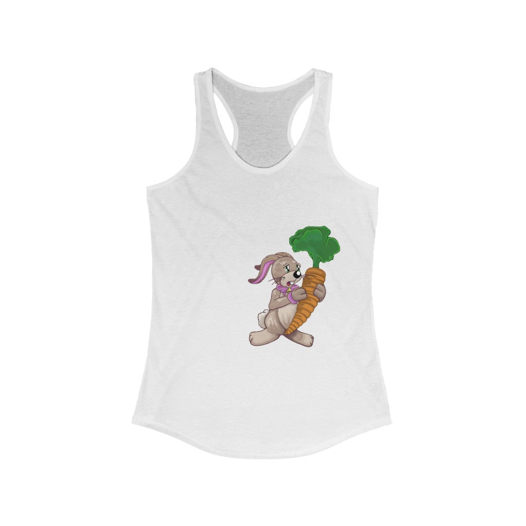 A stylish women's racerback tank top featuring a playful bunny holding a carrot, designed for a flattering slim fit.