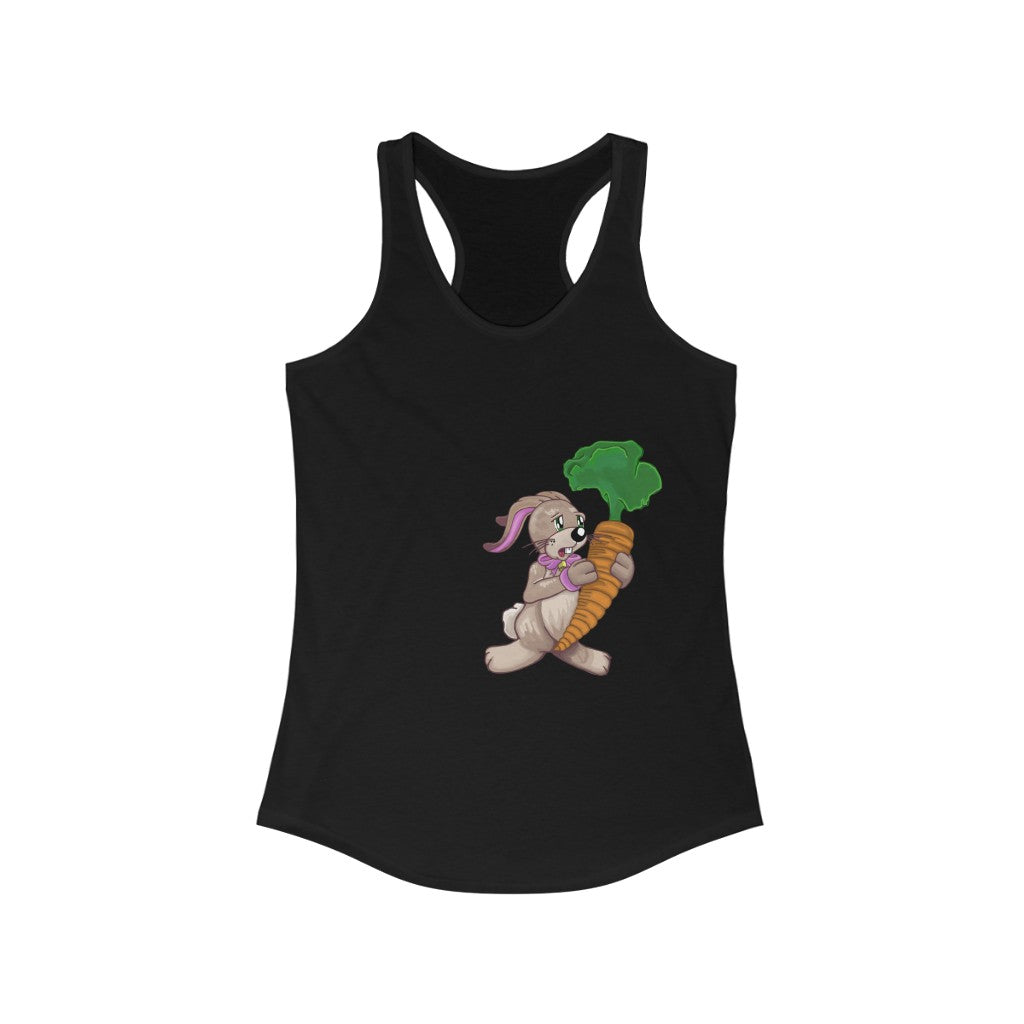 A stylish women's racerback tank top featuring a playful bunny holding a carrot, designed for a flattering slim fit.