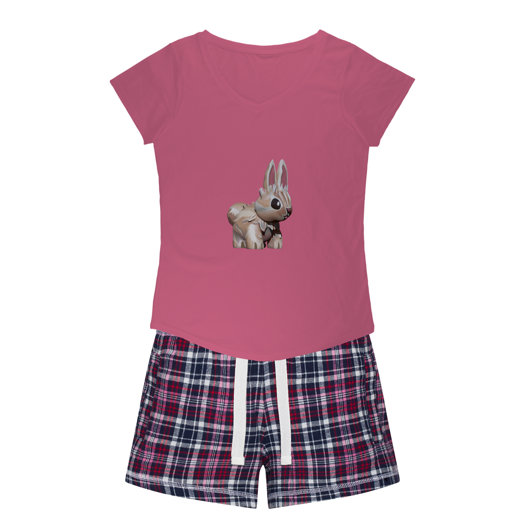 Bunny Women's Sleepy Tee and Flannel Short set featuring a relaxed fit T-shirt and vibrant flannel shorts, perfect for cozy nights.