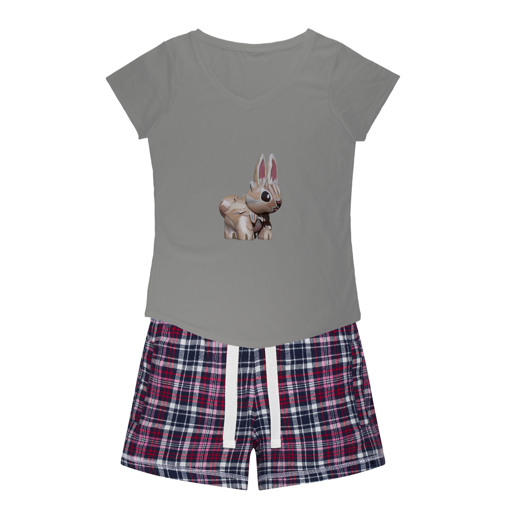 Bunny Women's Sleepy Tee and Flannel Short set featuring a relaxed fit T-shirt and vibrant flannel shorts, perfect for cozy nights.