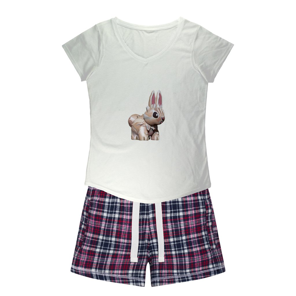 Bunny Women's Sleepy Tee and Flannel Short set featuring a relaxed fit T-shirt and vibrant flannel shorts, perfect for cozy nights.