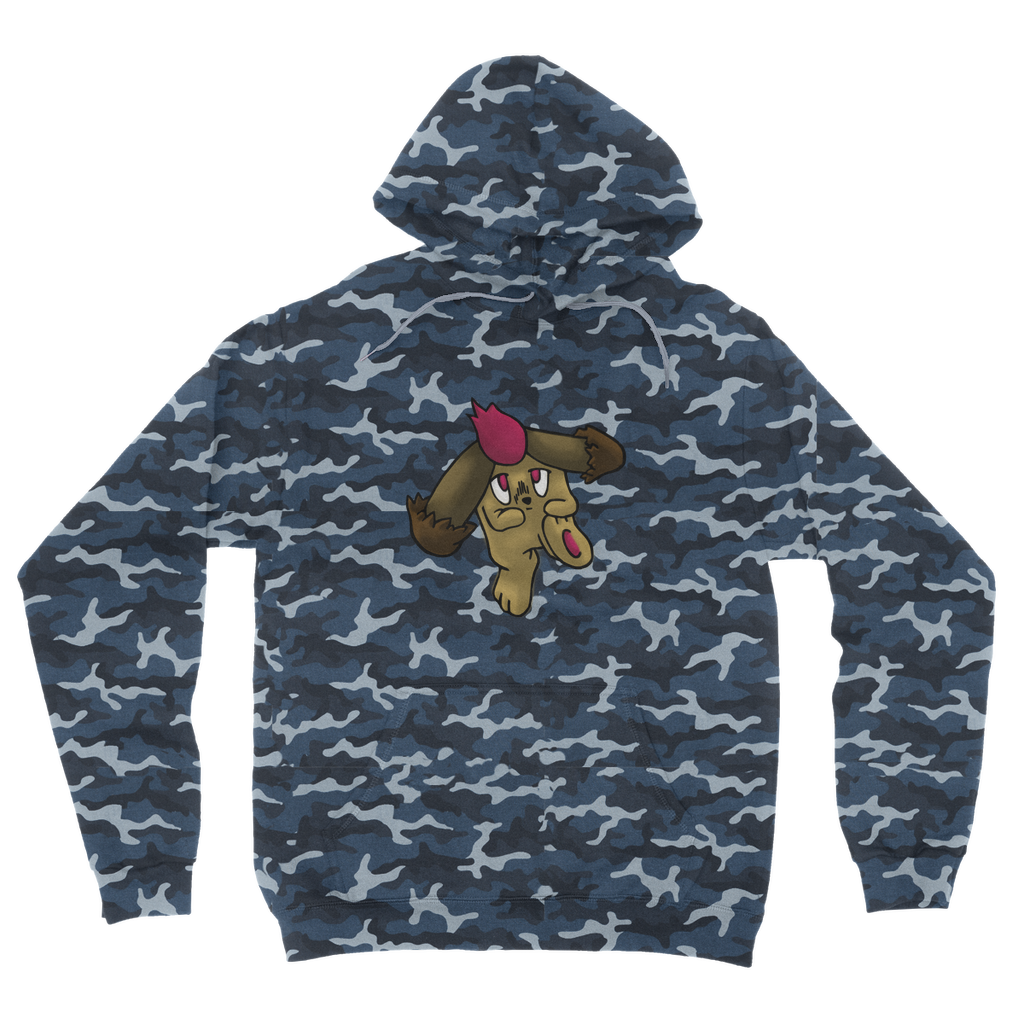 Bunyun Camouflage Adult Hoodie featuring all-over camo design, double fabric hood, and kangaroo pouch pocket.