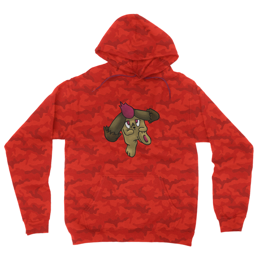 Bunyun Camouflage Adult Hoodie featuring all-over camo design, double fabric hood, and kangaroo pouch pocket.