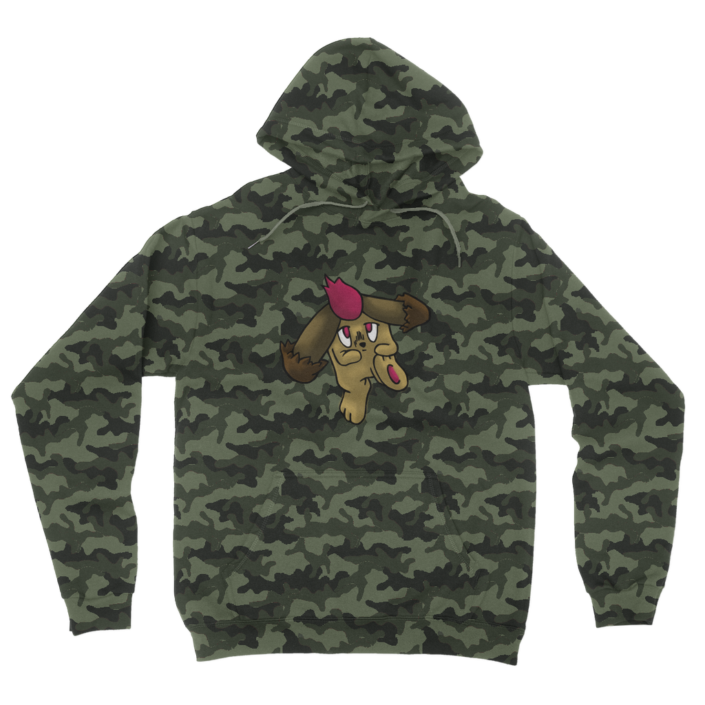 Bunyun Camouflage Adult Hoodie featuring all-over camo design, double fabric hood, and kangaroo pouch pocket.