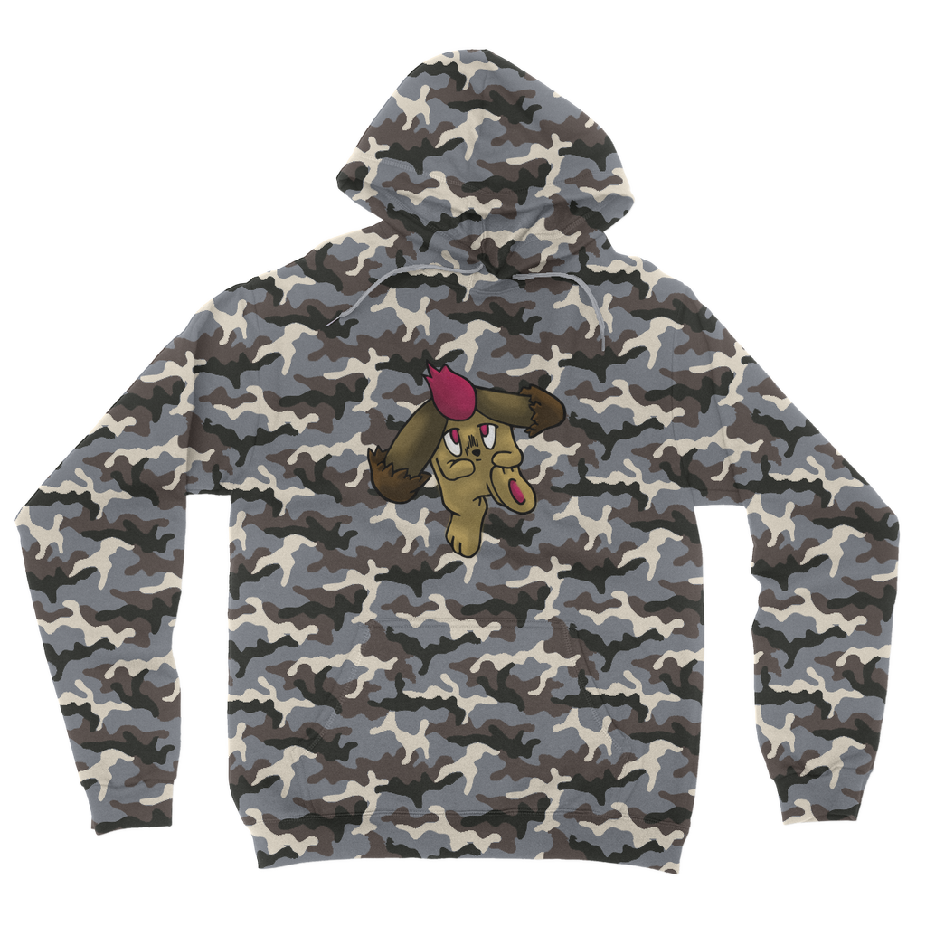 Bunyun Camouflage Adult Hoodie featuring all-over camo design, double fabric hood, and kangaroo pouch pocket.