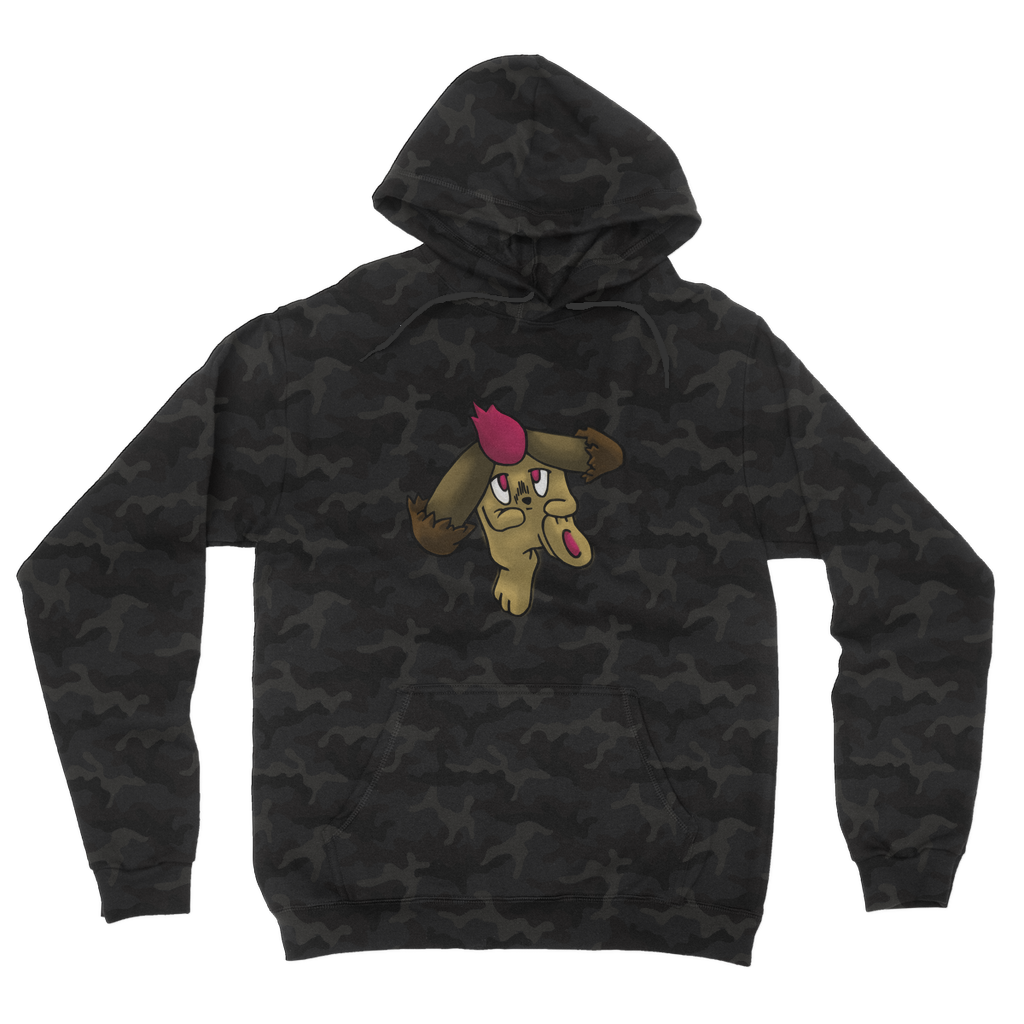 Bunyun Camouflage Adult Hoodie featuring all-over camo design, double fabric hood, and kangaroo pouch pocket.