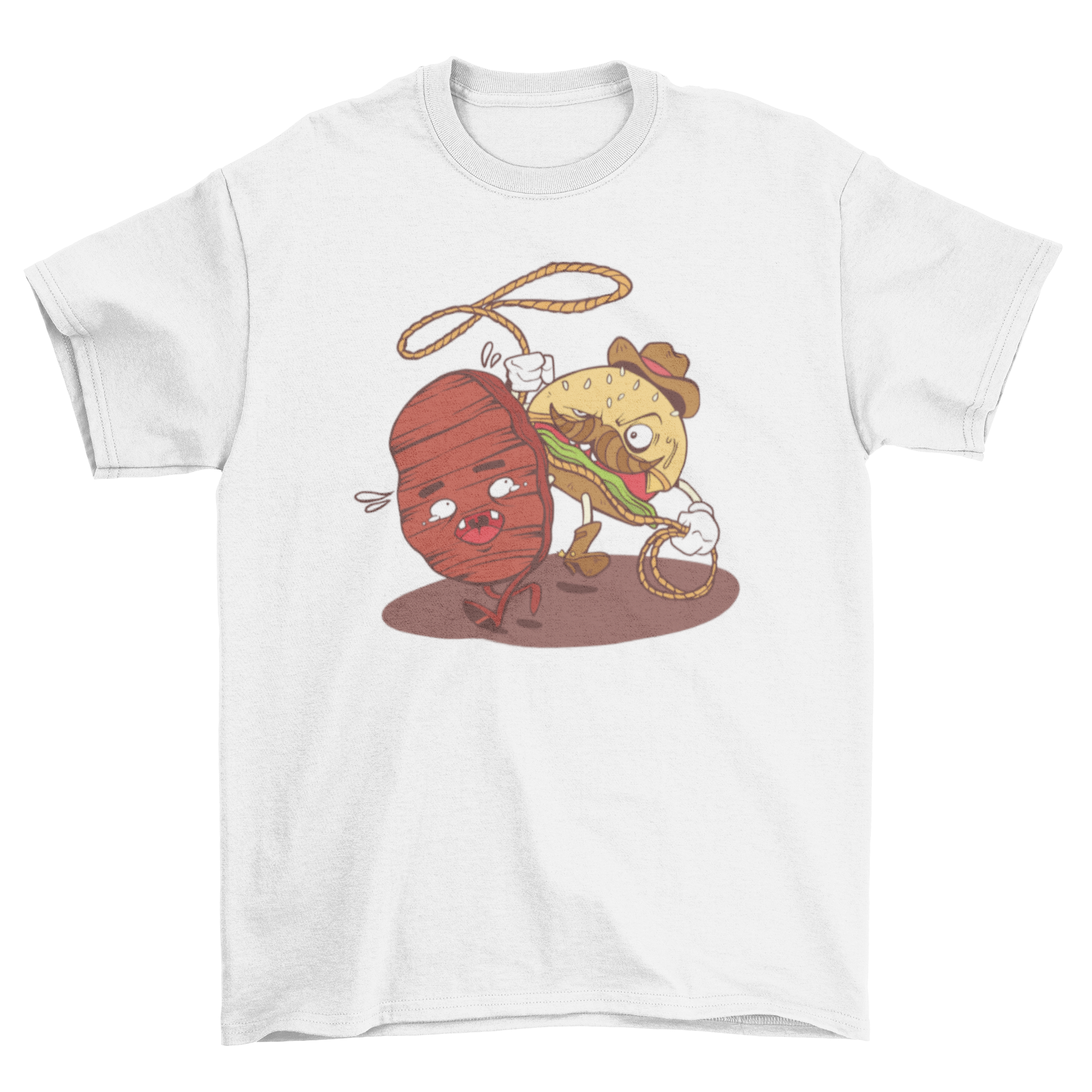 A humorous t-shirt featuring a cowboy lassoing a burger, showcasing a playful design.