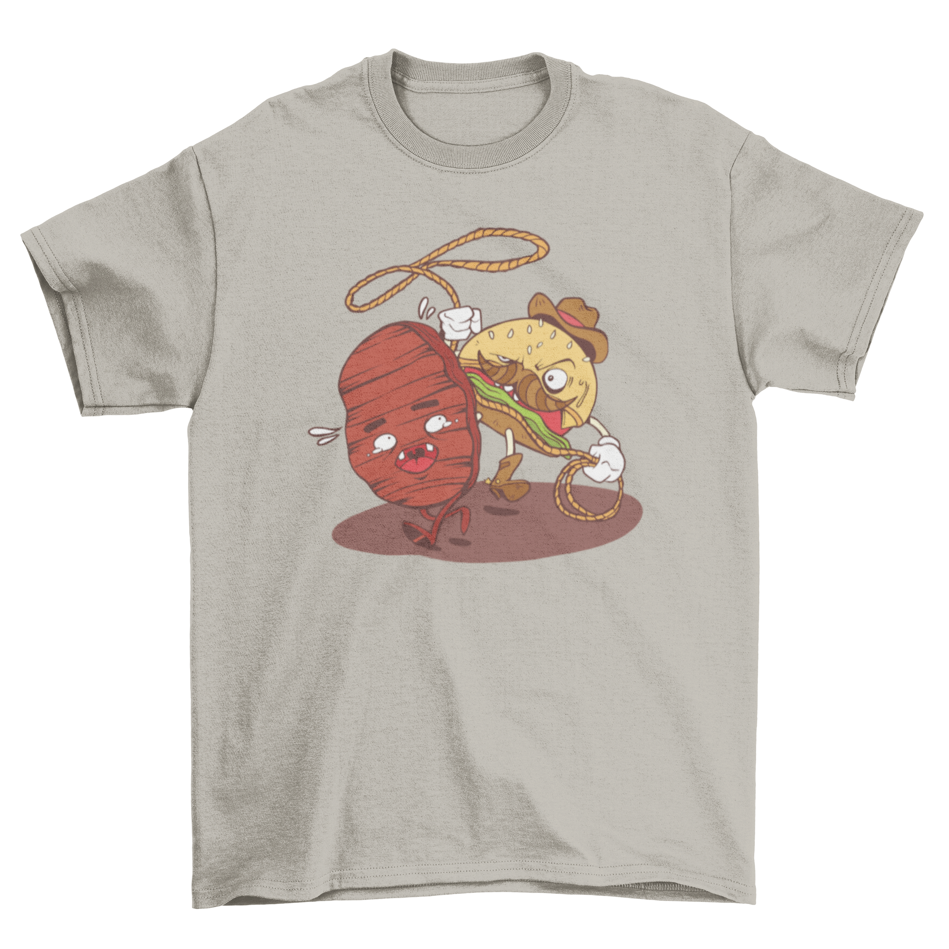 A humorous t-shirt featuring a cowboy lassoing a burger, showcasing a playful design.