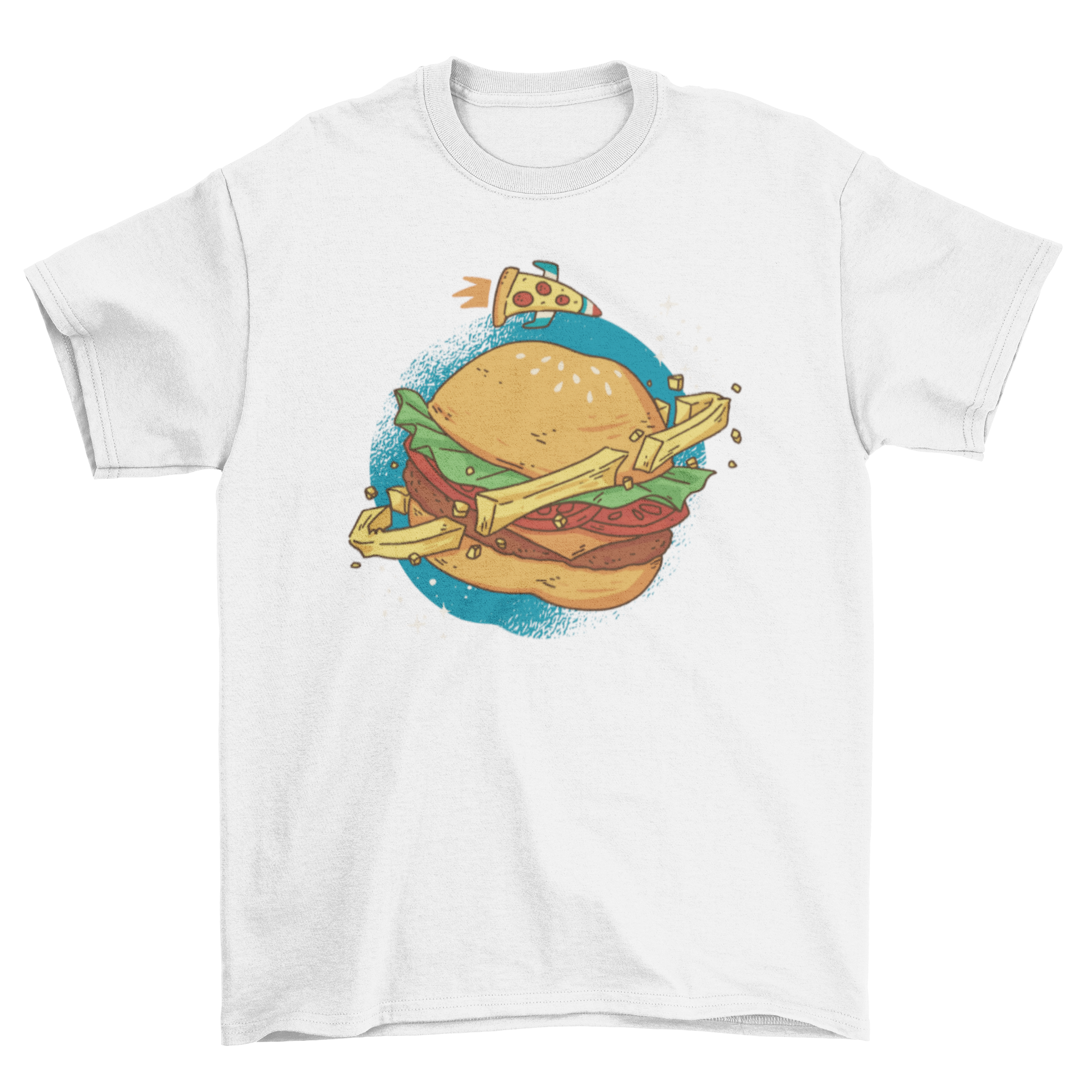 A vibrant t-shirt featuring a burger planet in space with french fries as a ring, showcasing a fun and whimsical design.