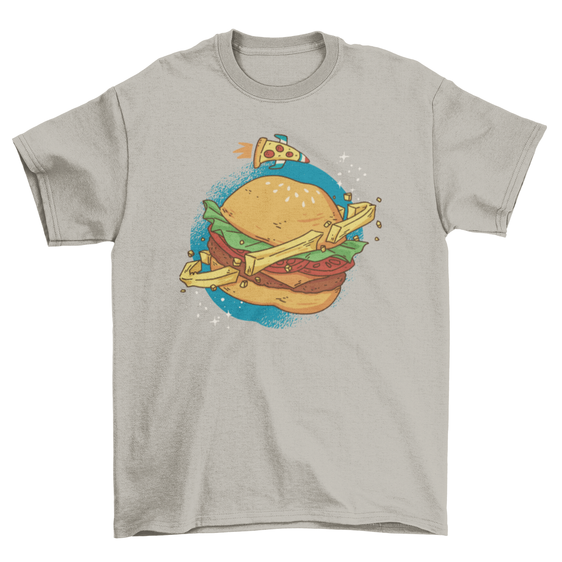 A vibrant t-shirt featuring a burger planet in space with french fries as a ring, showcasing a fun and whimsical design.