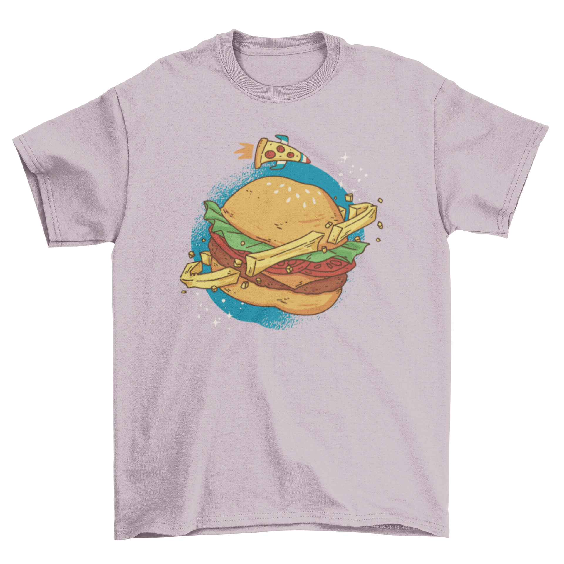 A vibrant t-shirt featuring a burger planet in space with french fries as a ring, showcasing a fun and whimsical design.